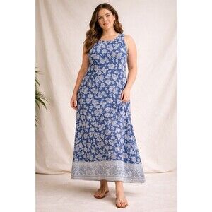 Blue Floral Paisley Maxi Dress Sleeveless Lightweight Plus Size 20